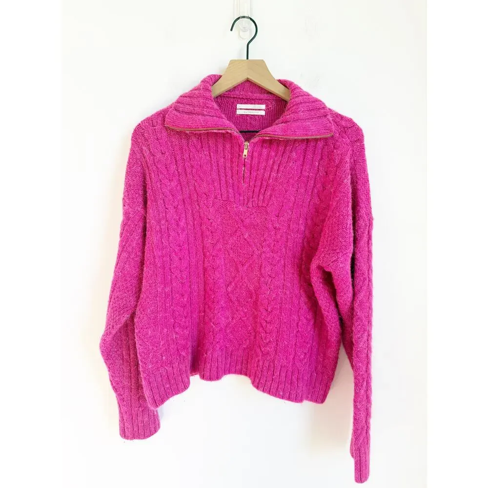 Anthropologie Payton Cable Knit 1/4 Zip Pullover Sweater, Fuchsia Pink, XL